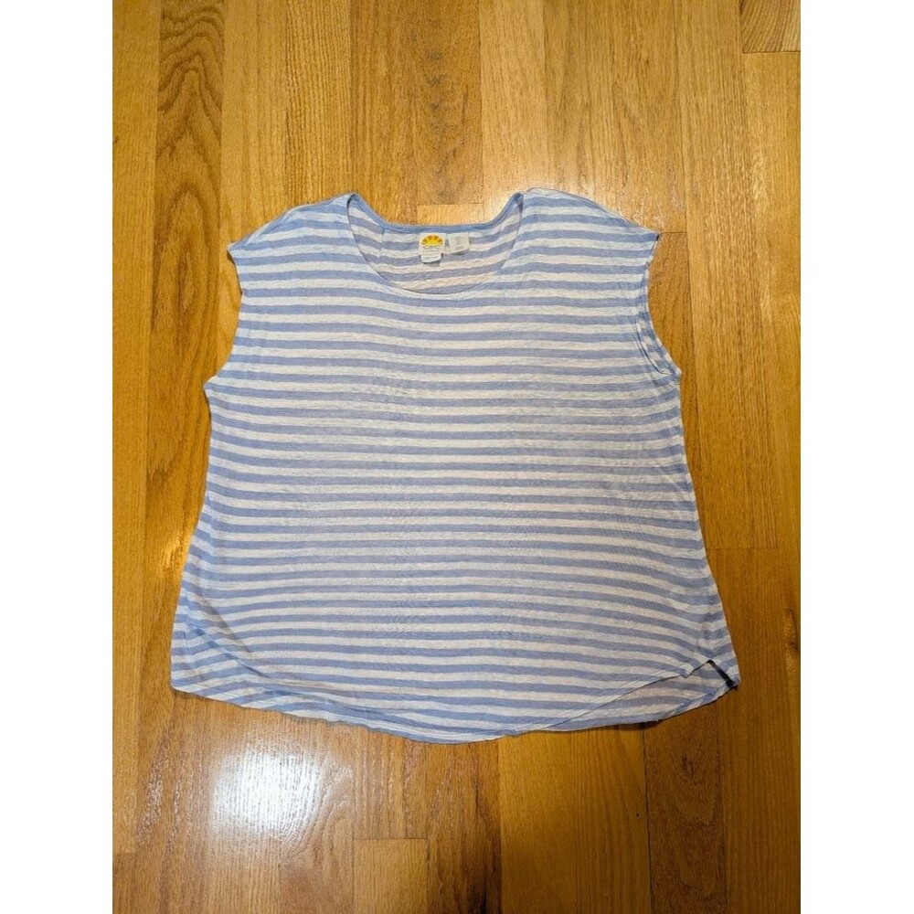 C&C California Womens L 100% Linen Blue White Striped Sleeveless Top Tee